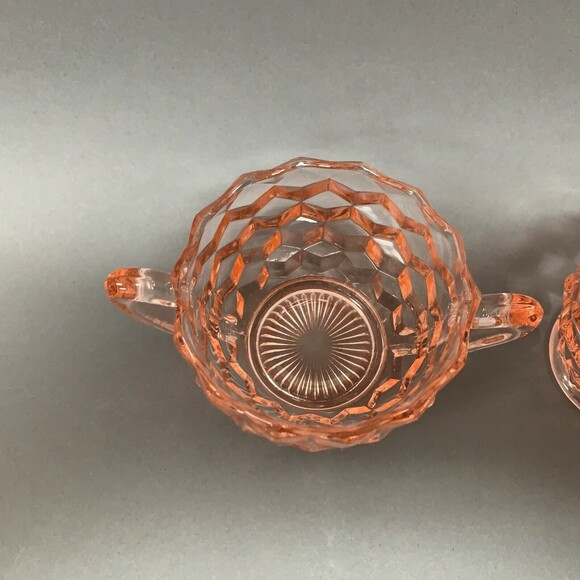 Jeanette Cube Depression Glass Pink Clear Creamer Mini Open Sugar Bowl - Picture 6 of 7